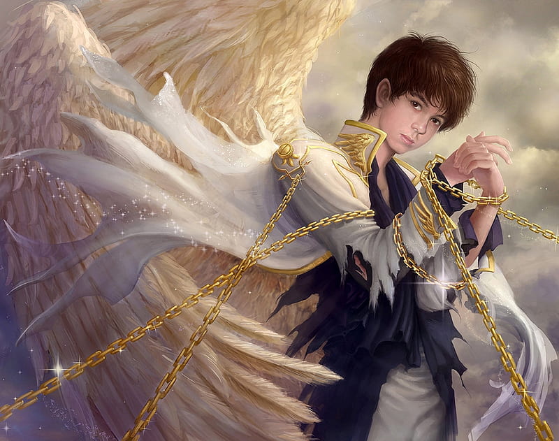 Angel in gold chain, noveland sayson, fantasy, man, angel, wings, HD wallpaper