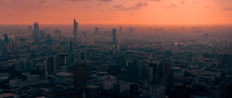 city, aerial view, fog, overview, bangkok, HD wallpaper