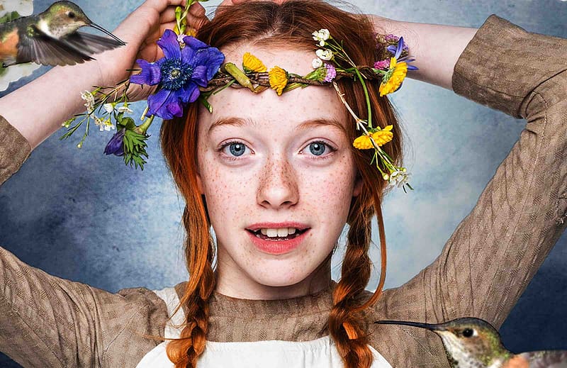 Anne Withe an E 2017 - 2019, childhood, smile, anne with an e, girl, amybeth mcnulty, copil, anne of green gables, tv series, flower, freckles, face, redhead, child, wreath, HD wallpaper