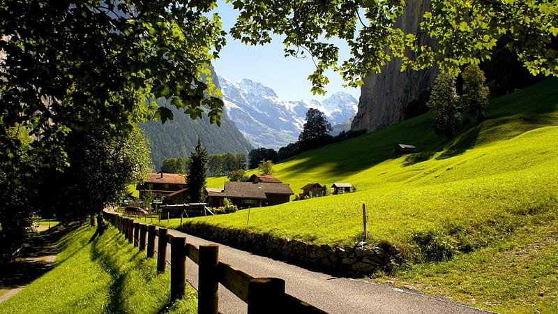 beautiful swiss valley leading to jungfrau mountain, sumerr, grass, mountains, village, valley, HD wallpaper