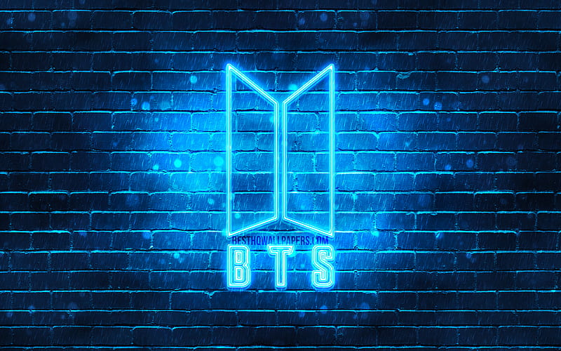 BTS blue logo Bangtan Boys, blue brickwall, BTS logo, korean band, BTS neon logo, BTS, HD wallpaper