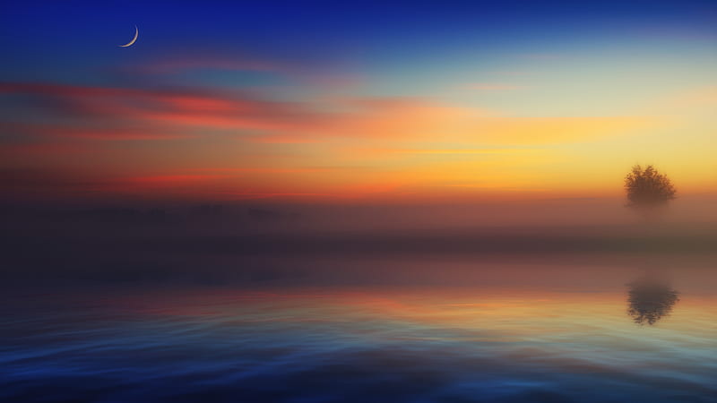sunset, dawn, dusk, crescent, moon, foggy, lake, reflection, scenery, Landscape, HD wallpaper