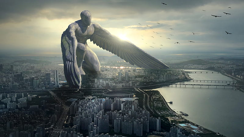 Guardian angel, giant, city, wings, fantasy, water, stone, angel, creative, statue, HD wallpaper