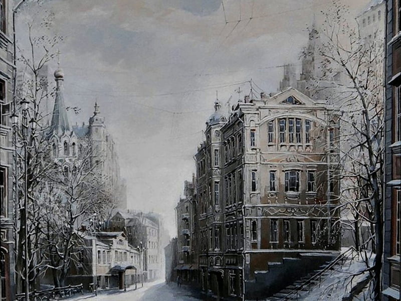 Russian Street Scene (I) 1, art, russia, snow, cityscape, painting, scenery, artwork, winter, HD wallpaper