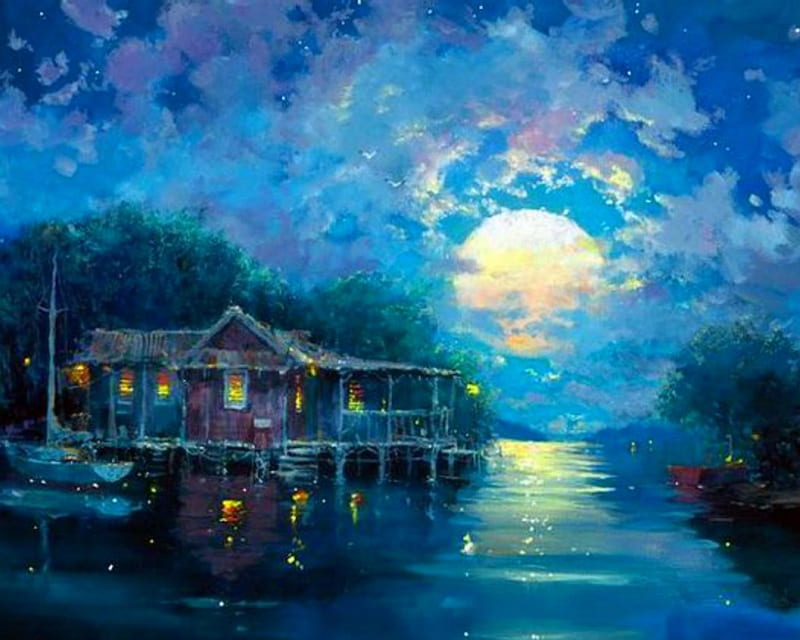 Moonlight, painting, art, house, HD wallpaper