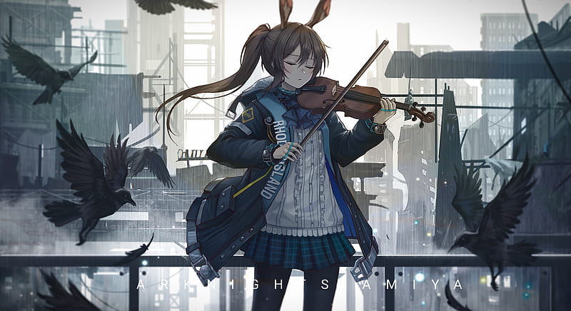 amiya, violin, instrument, birds, arknights, Anime, HD wallpaper