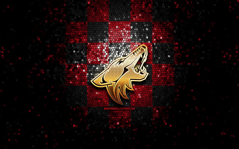 Arizona Coyotes, glitter logo, NHL, red black checkered background, USA, american hockey team, Arizona Coyotes logo, mosaic art, hockey, America, HD wallpaper