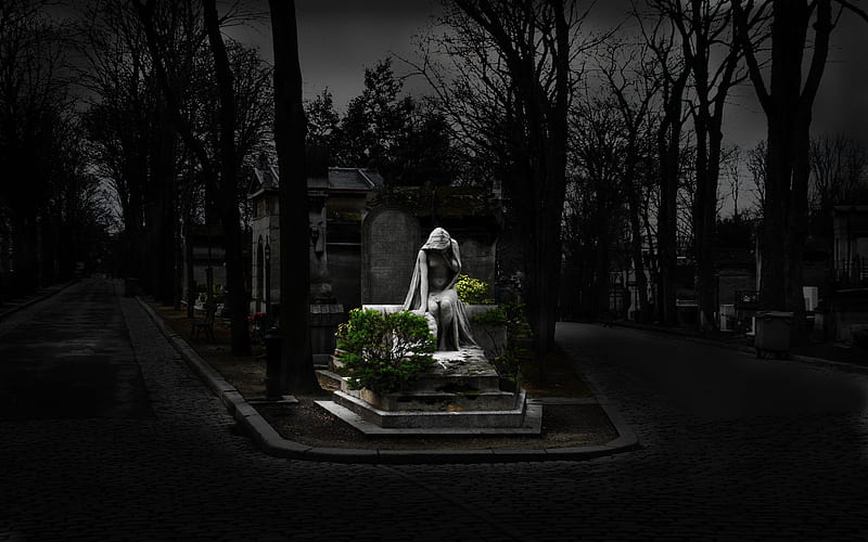 Montmartre Cemetery, art, cemetery, angel, dark, sad, graveyard, night, HD wallpaper
