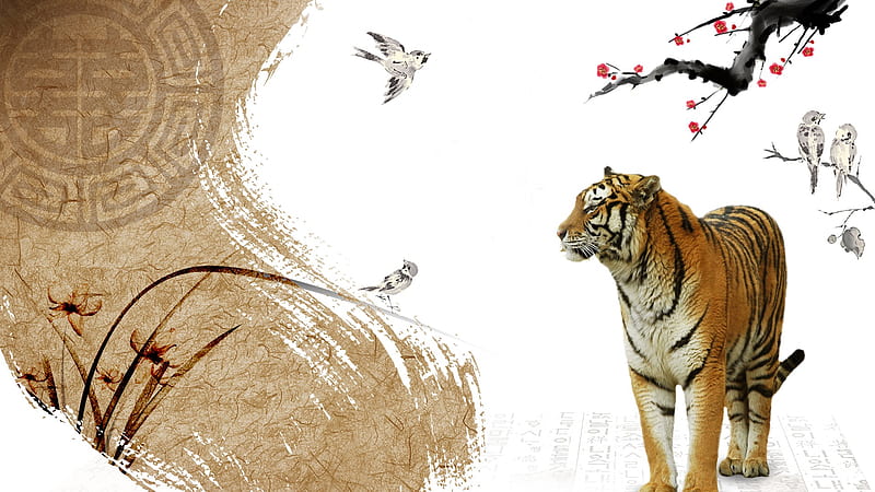 Tiger II, sakura, birds, orient, firefox persona, tiger, cherry blossoms, wild cat, oriental, flower, iris, HD wallpaper