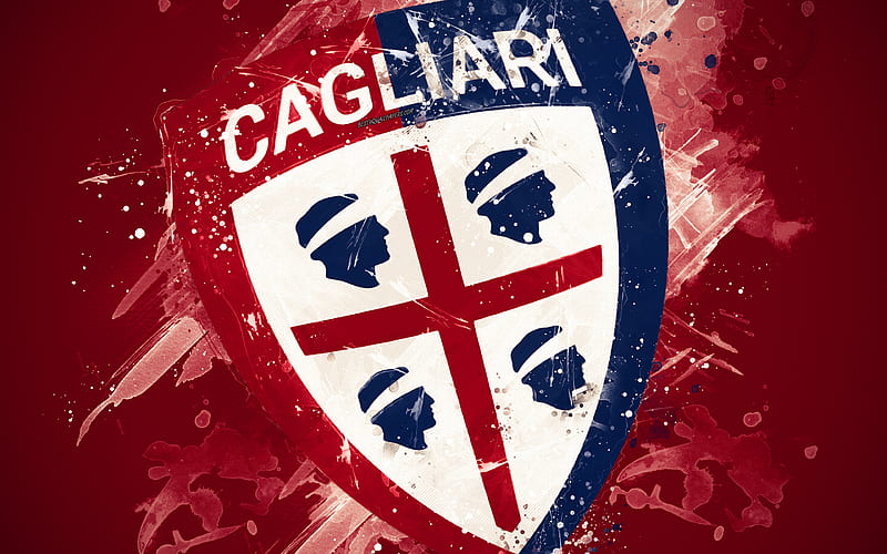 Cagliari FC paint art, creative, Italian football team, Serie A, logo, emblem, burgundy background, grunge style, Cagliari, Italy, football, Cagliari Calcio, HD wallpaper