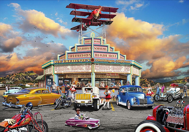 Cruisin' Von Richthofen's, mountain, carros, plane, motorbikes, american, sky, diner, hot rods, HD wallpaper