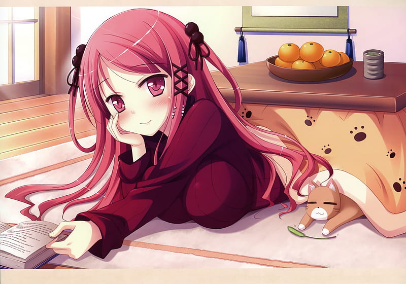 Being Lazy, pretty, house, redhead, cg, fruits, blush, book, adorable, sweet, nice, anime, beauty, anime girl, long hair, table, lovely, floor, kitty, cat, oranges, cute, lay, blushing, home, bonito, female, red hair, kawaii, girl, pink hair, kitten, laying, HD wallpaper