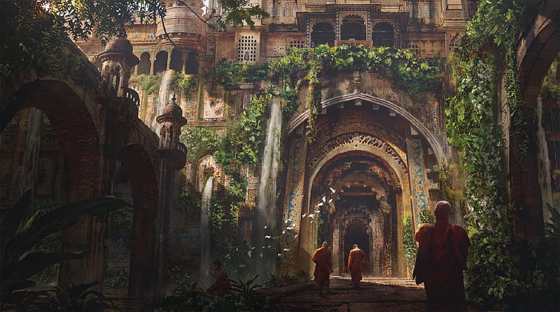 Fantasy, Temple, Arch, Architecture, Monk, HD wallpaper