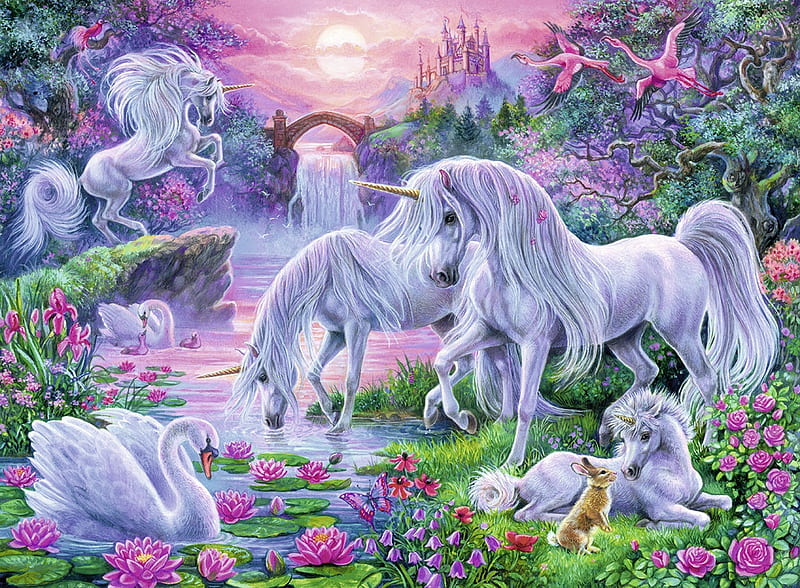 Unicorn Island, fantasy, house, unicorn, flowers, creatures, puzzle, jigsaw, swan, HD wallpaper