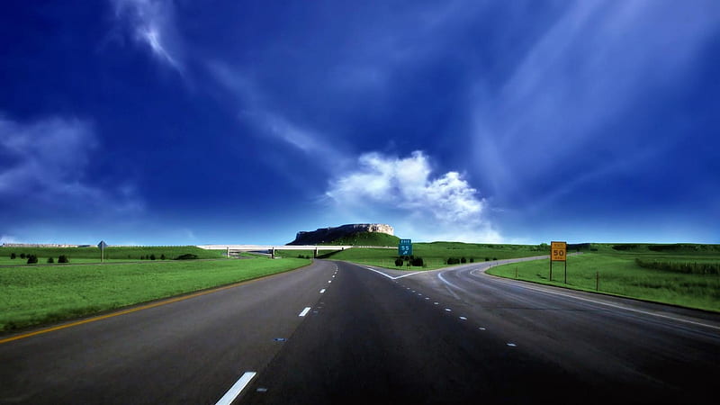 exit 55, skies, exit, highway, signs, clouds, HD wallpaper