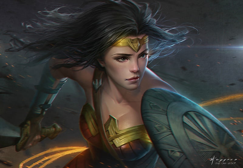 Wonder Woman, art, fantasy, luminos, girl, shield, st cygnus, comics, HD wallpaper