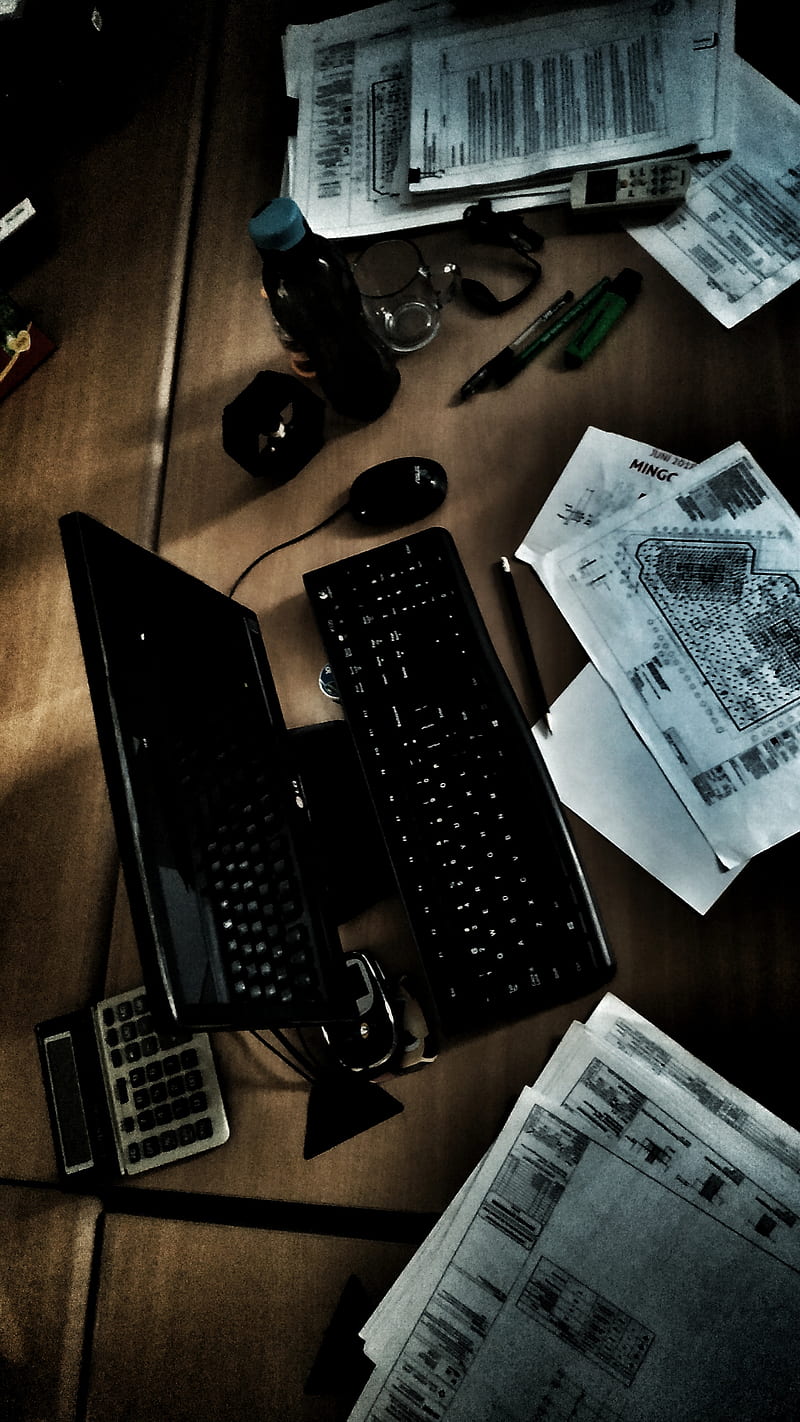 my desk, office, computer, table, notebook, coffee, black, techno, mac, pen, calculator, HD phone wallpaper