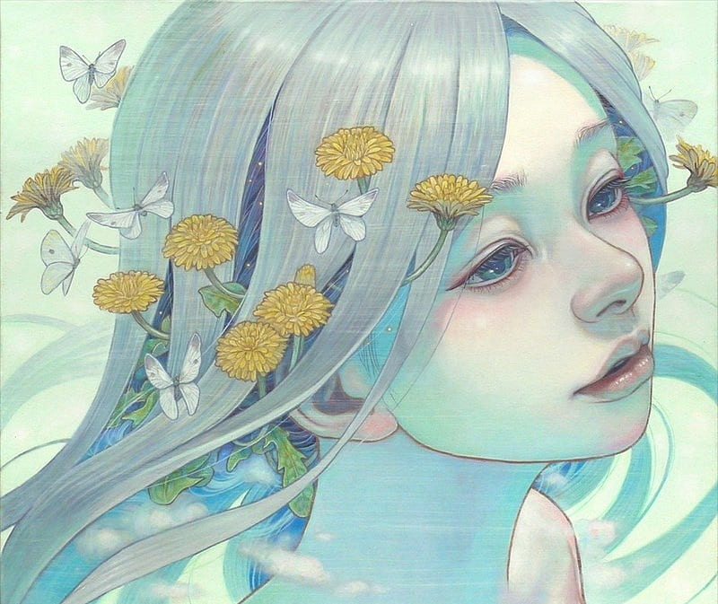Summer, face, blue, art, luminos, yellow, vara, butterfly, girl, flower, miho hirano, mihohirano, portrait, HD wallpaper