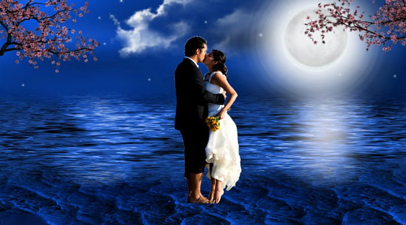~*~ Love Fantasy ~*~, romantic couple, couple in love, Love Fantasy, magic night, full moon, HD wallpaper