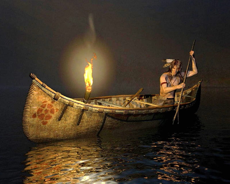 Night Fishing, water, torch, spear, canoe, man, night, HD wallpaper