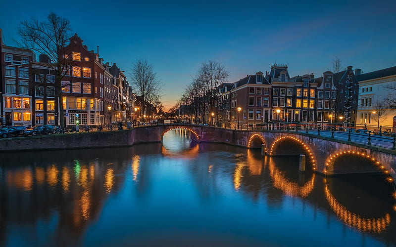 Amsterdam, evening, canal, sunset, bridge, Amsterdam cityscape, Netherlands, HD wallpaper
