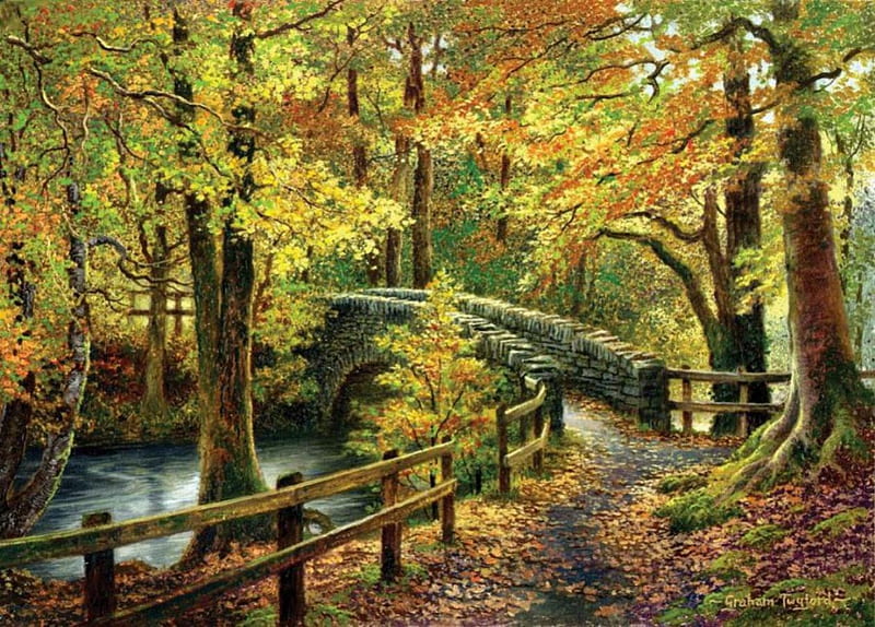 Let's Go for a Walk ....., fence, fall, autumn, leaves, stone, bridge, path, trees, HD wallpaper