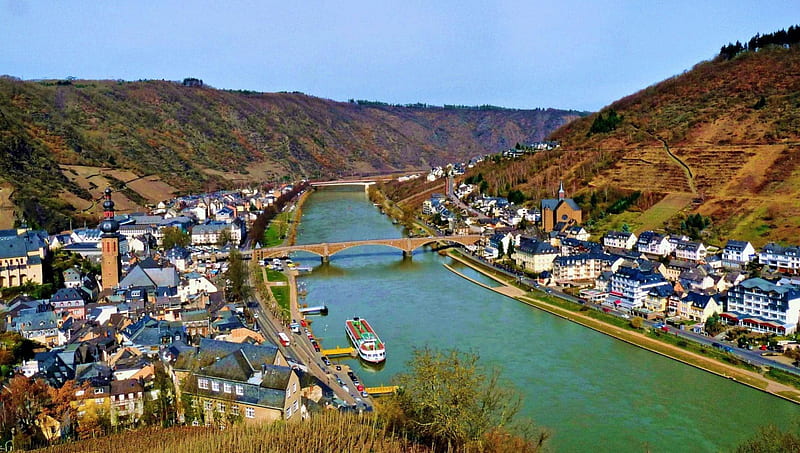 a town on the rhine in germany, hills, river, bridge, town, HD wallpaper
