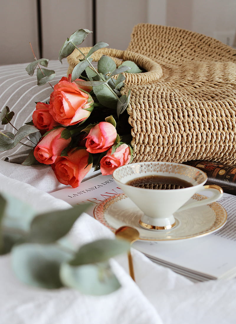 cup, tea, flowers, roses, HD phone wallpaper