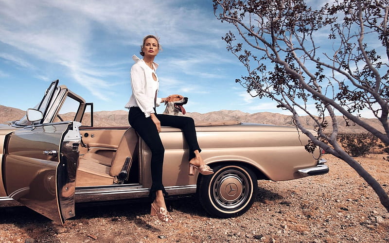 Carolyn Murphy, American model, hoot, beautiful woman, fashion model, desert, woman in car, HD wallpaper