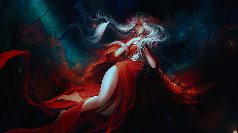 Queen of Darkness, red, fantasy woman, female, dress, white hair, queen, bonito, abstract, woman, garland, fantasy, darkness, beauty, lady, long hair, HD wallpaper