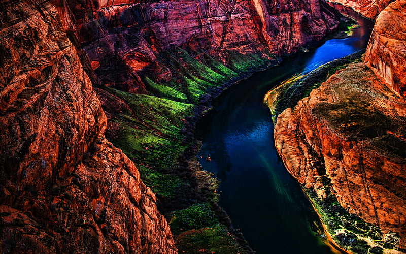 Grand Canyon National Park, beautiful nature, river, R, american landmarks, Colorado, green slopes, America, USA, Arizona, valley, canyon, HD wallpaper