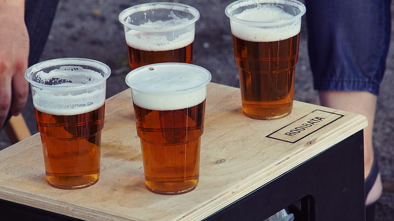 four clear plastic disposable cups with beer on the top of the board, HD wallpaper