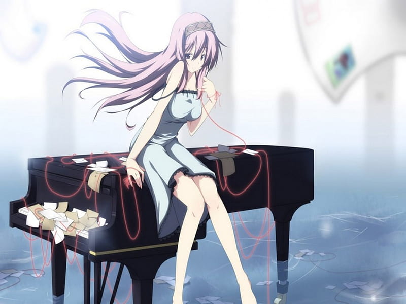 Sweet Girl On Piano!!! :), cute, girl, anime, wight, red thread, bonito, piano, sweet, HD wallpaper