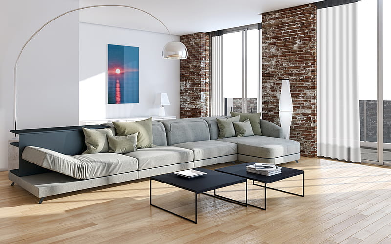 living room, modern interior design, loft style, brown brick walls, living room project, modern interior, HD wallpaper