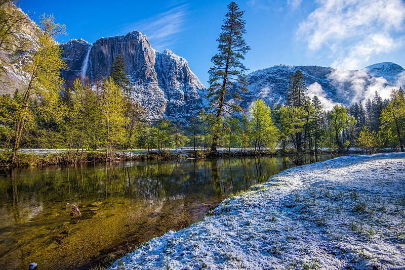 Yosemite National Park in Autumn, california, waterfall, river, trees, clouds, sky, HD wallpaper