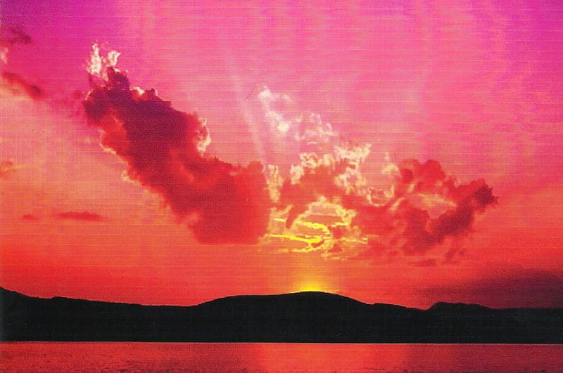 Sunset, water, clouds, mountian, HD wallpaper