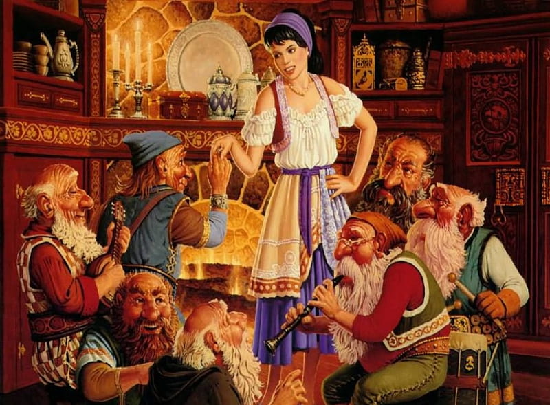 Dwarfs in the Pub, dwarves, brew, waitress, mugs, grog, HD wallpaper