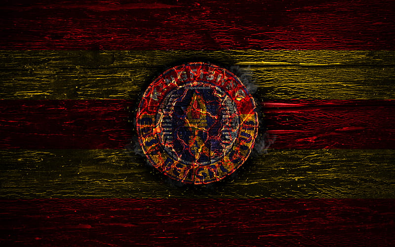 East Bengal FC, fire logo, I-League, red and yellow lines, indian football club, grunge, football, soccer, logo, Quess East Bengal FC, wooden texture, India, HD wallpaper