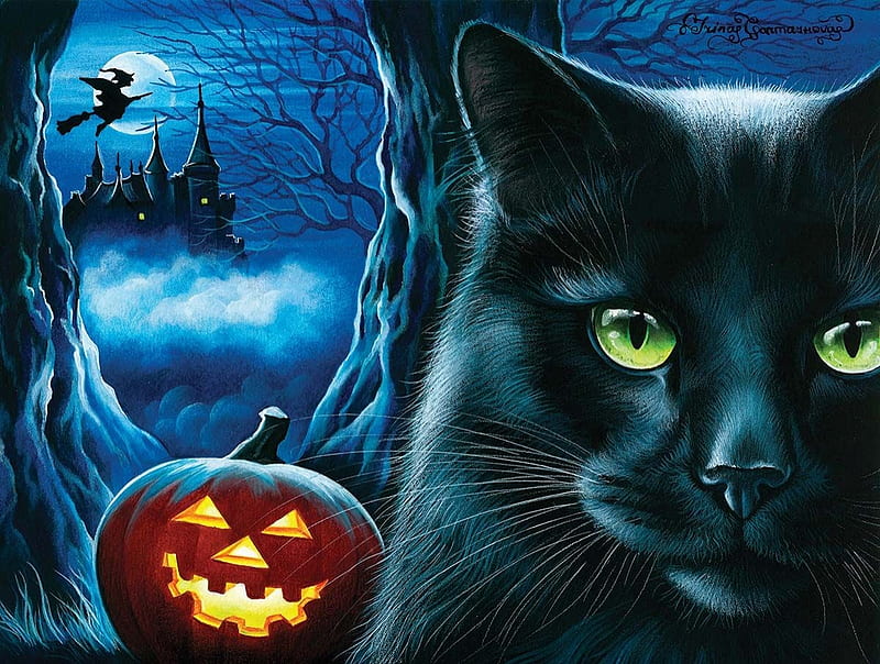 Happy Halloween!, moon, fantasy, pumpkin, black, cat, pisici, art, witch, blue, night, HD wallpaper