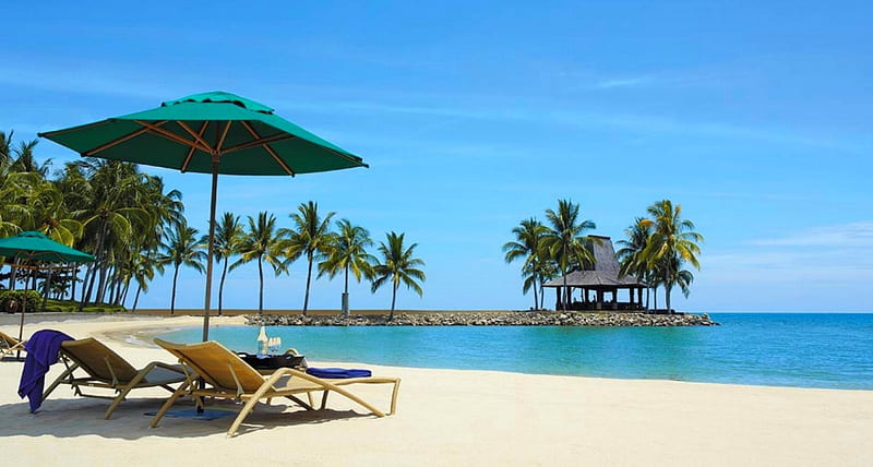 Tropical Beach, white sand, travel, relax, bonito, palm trees, sea, beach chairs, beach, paradise, summer, awnings, HD wallpaper