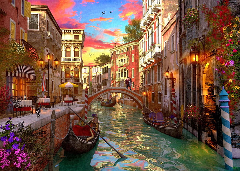 Venice romance, water, boat, dominic davison, romance, painting, cat, venice, art, canal, pictura, HD wallpaper