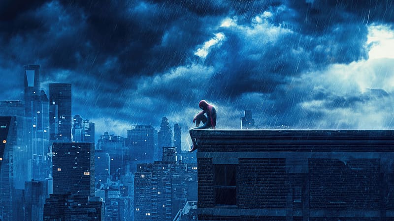 Spiderman Sitting On City Rooftop In Rain, spiderman, superheroes, artist, artwork, digital-art, HD wallpaper