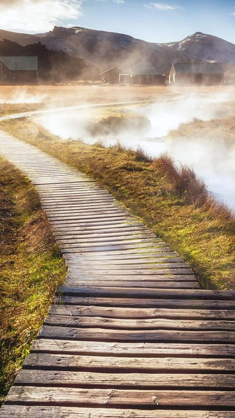 Wooden path , wooden path, mountain, grass, misty, nature, HD phone wallpaper