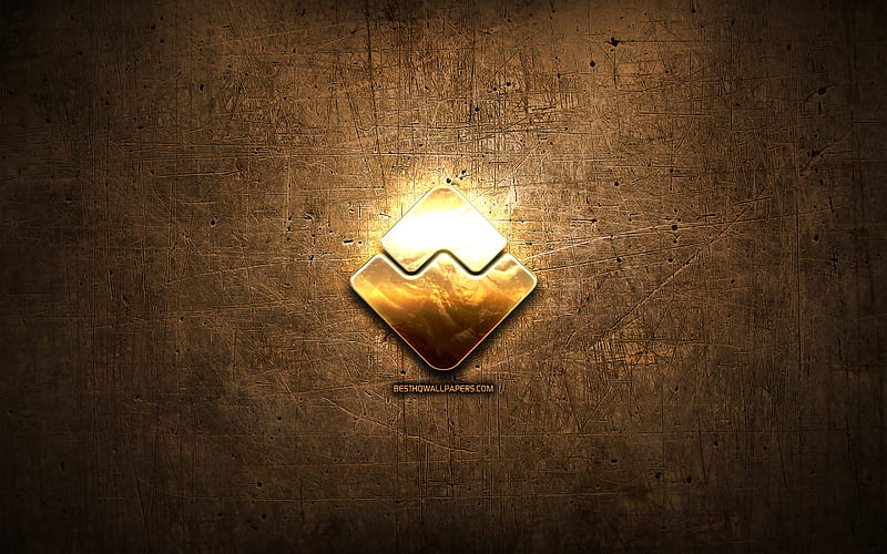 Waves Platform golden logo, cryptocurrency, brown metal background, creative, Waves Platform logo, cryptocurrency signs, Waves Platform, HD wallpaper