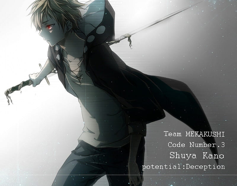 Kano Shuuya, text, male, guy, manga, Kagerou Project, boy, gradient background, anime, red eyes, HD wallpaper