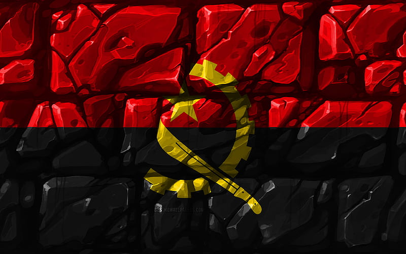 Angolan flag, brickwall African countries, national symbols, Flag of Angola, creative, Angola, Africa, Angola 3D flag, HD wallpaper