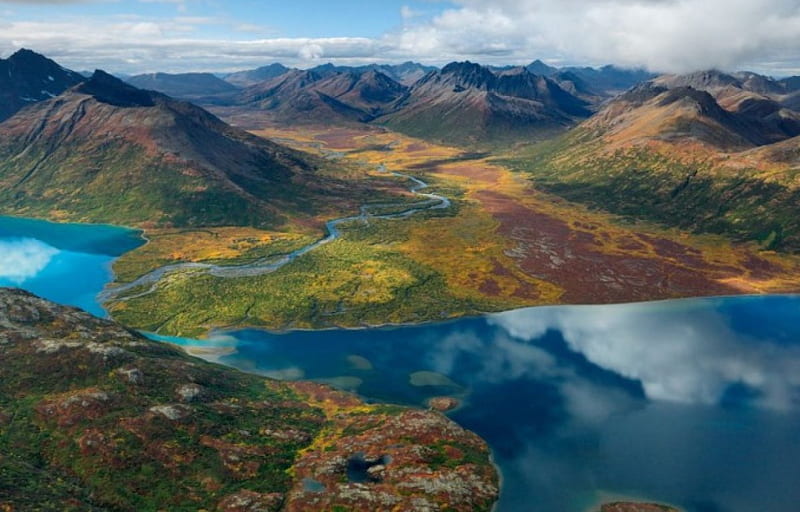 Chikuminuk Lake, lakes, North, Alaska, clouds, cold, mountains, nature, reflections, scene, landscape, HD wallpaper
