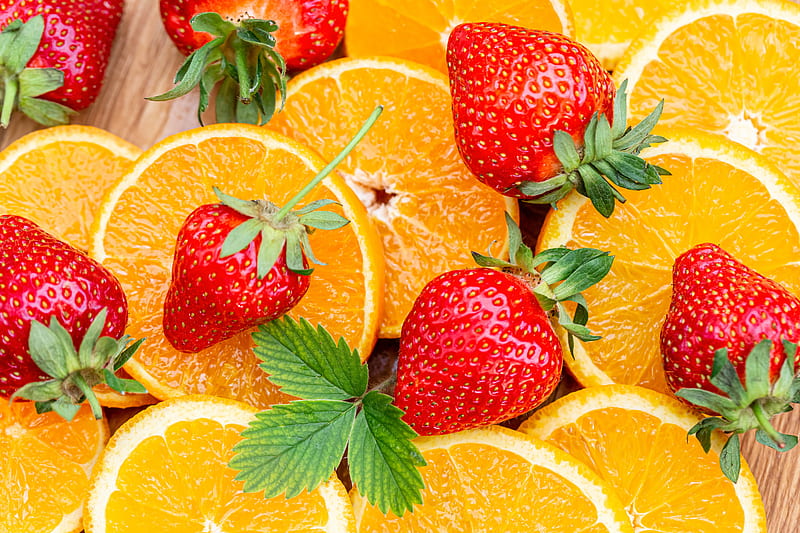 strawberries, orange, fruits, berry, slices, HD wallpaper