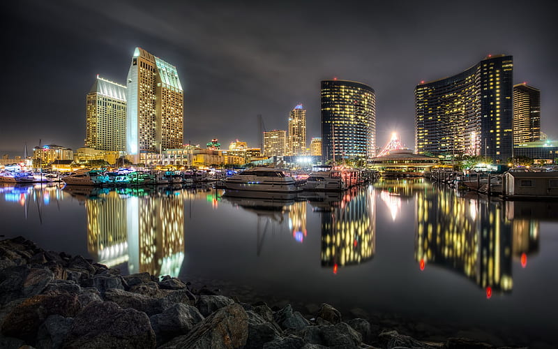 San Diego, boats, bay, night, California, USA, HD wallpaper