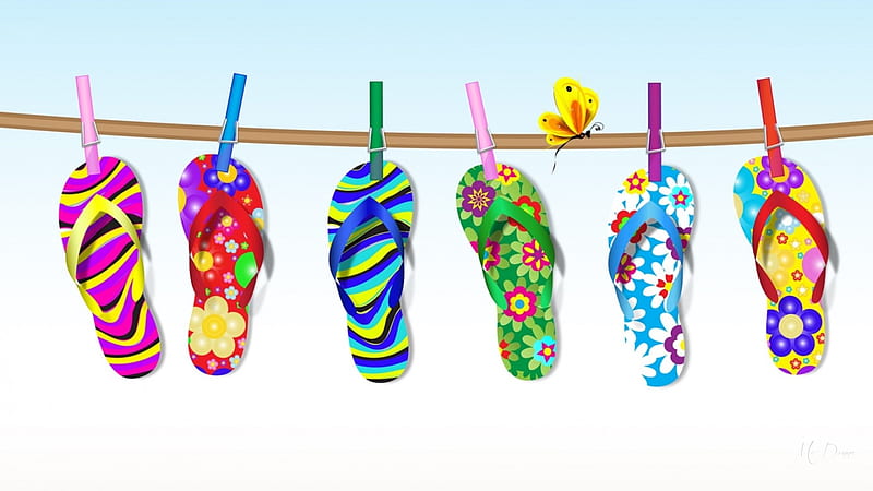 Summer Flip Flops, beach, flip flops, butterfly, summer, thongs, sky, shoes, clothes line, HD wallpaper